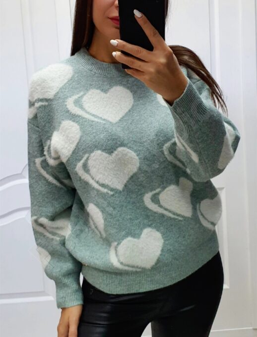 Pulover menta cu inimioare cod 94683