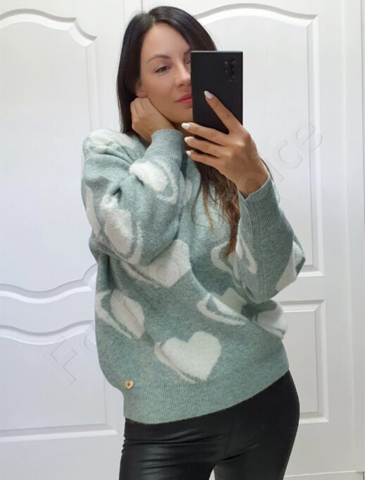 Pulover menta cu inimioare cod 94683