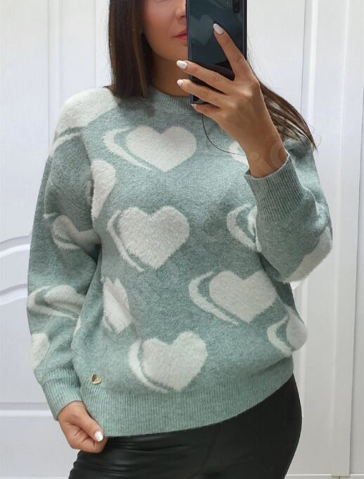 Pulover menta cu inimioare cod 94683