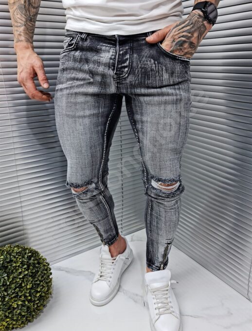 Blugi din denim negru cu efect uzat - Cod 6598