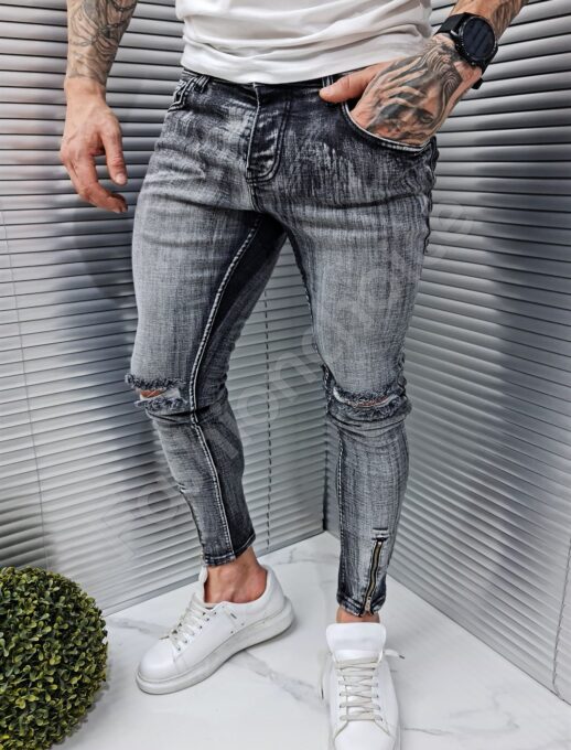 Blugi din denim negru cu efect uzat - Cod 6598