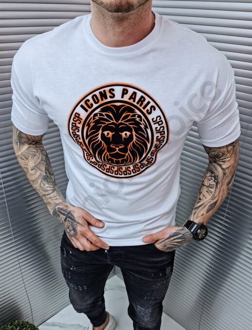 Tricou barbati cu inscris Icons Paris-alb cod 502