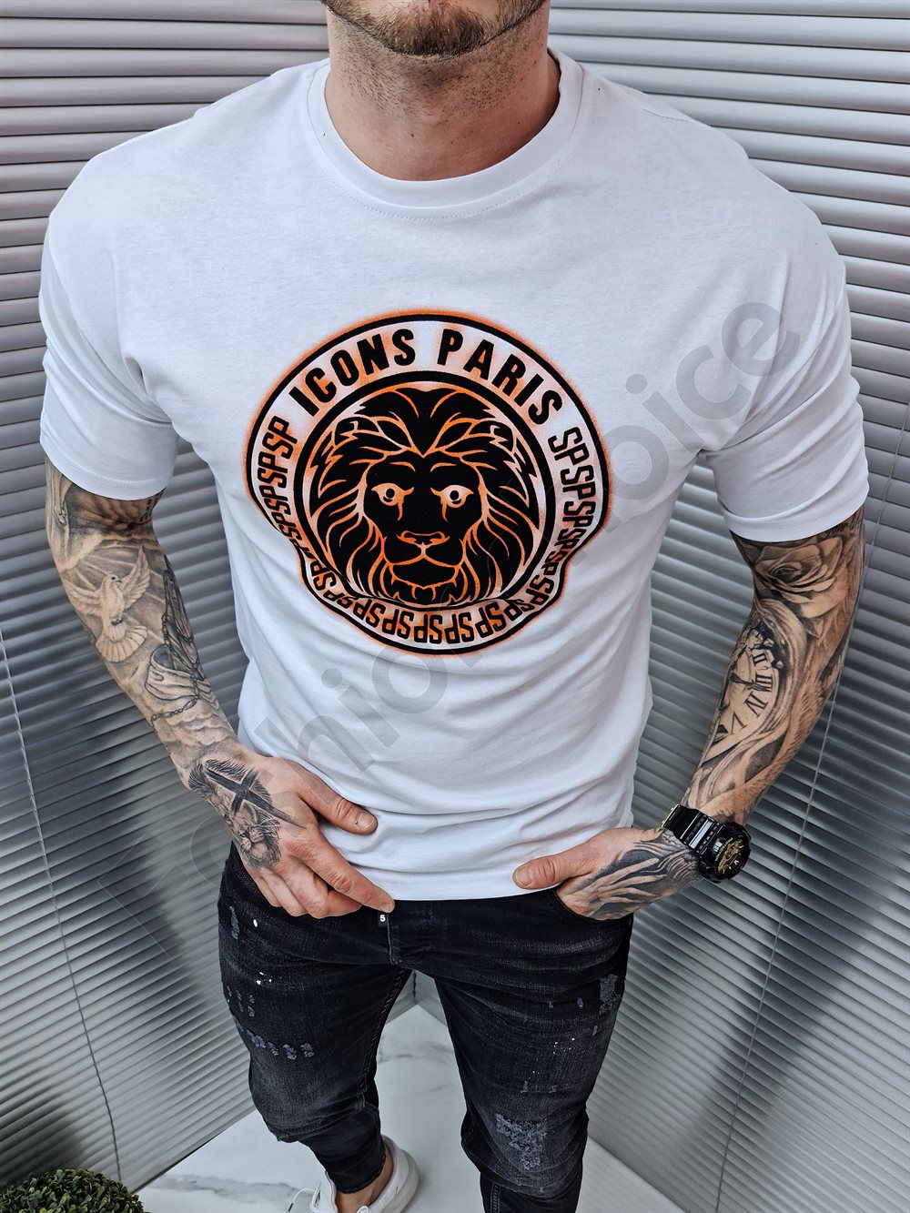 Tricou barbati cu inscris Icons Paris-alb cod 502
