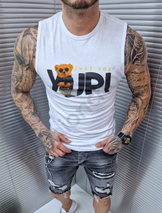 Tricou Just say yup fara maneci-alb-cod 3075
