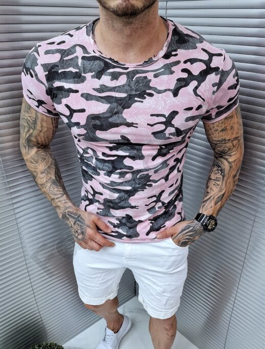Tricou barbati cu imprimeu camuflaj-roz cod 1095