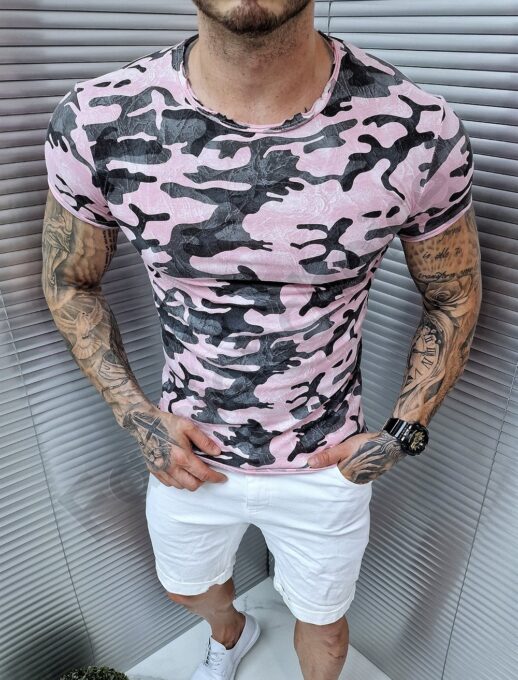 Tricou barbati cu imprimeu camuflaj-roz cod 1095