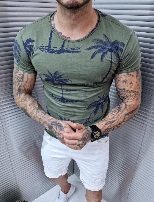 Tricou barbati cu print tropical-kaki cod 1766-1