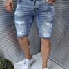 Blugi scurti din denim albastru cu efect rupt si curea neon-cod 7870