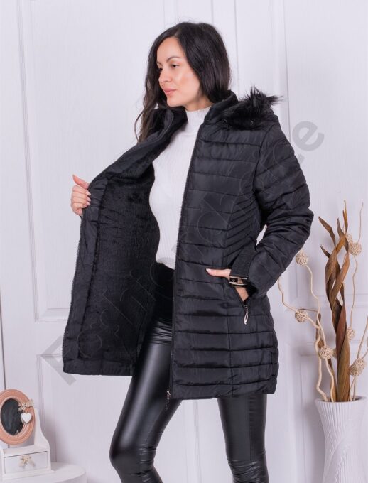 Geaca pentru iarna cu gluga si curea in talie-negru cod 2230-1