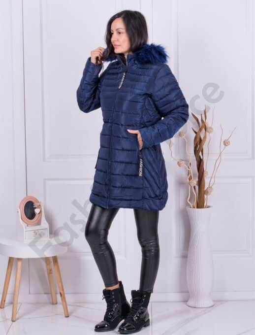 Geaca pentru iarna Fashion cu blana eco pe gluga-albastru inchis cod 2228-2