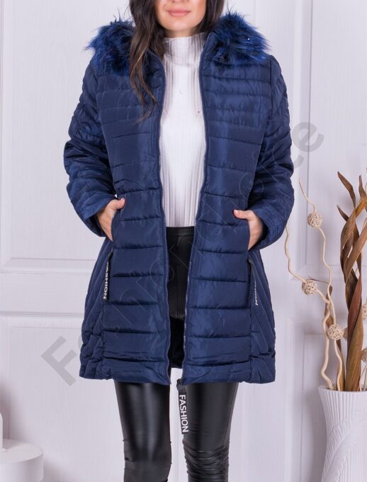 Geaca pentru iarna Fashion cu blana eco pe gluga-albastru inchis cod 2228-2