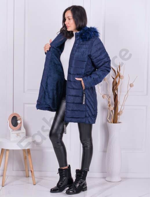 Geaca pentru iarna Fashion cu blana eco pe gluga-albastru inchis cod 2228-2