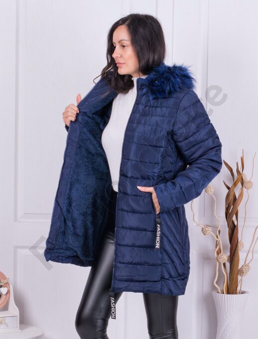Geaca pentru iarna Fashion cu blana eco pe gluga-albastru inchis cod 2228-2