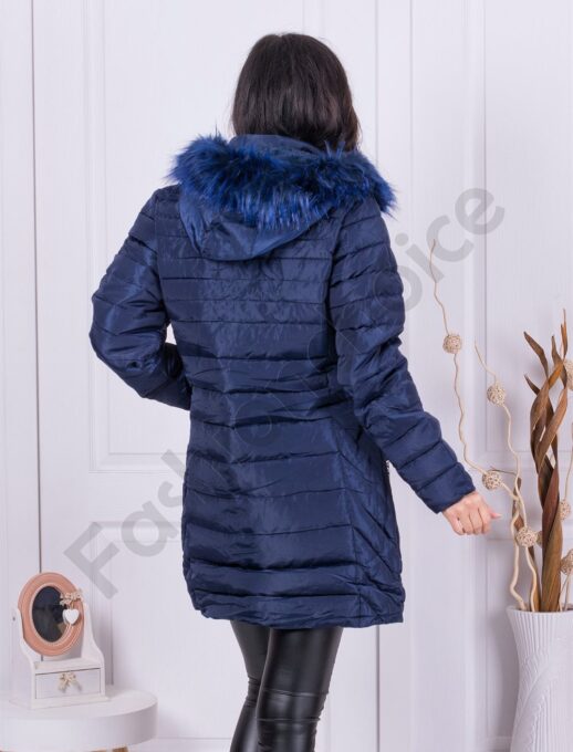 Geaca pentru iarna Fashion cu blana eco pe gluga-albastru inchis cod 2228-2