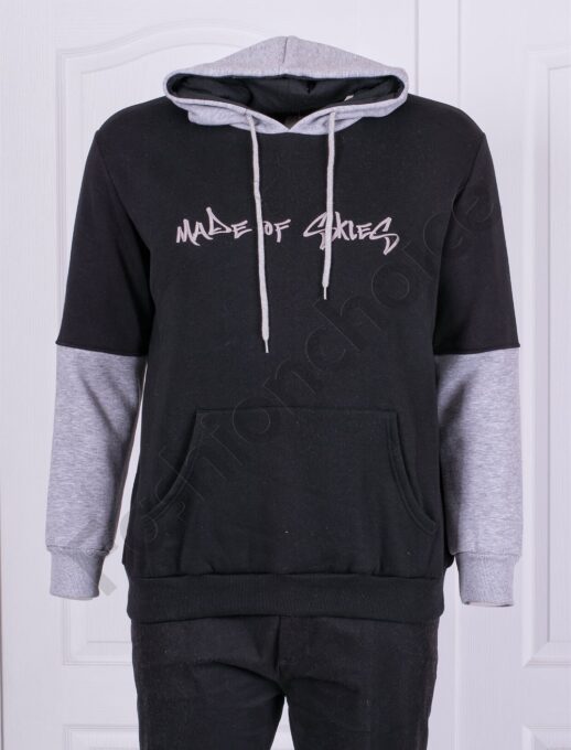 Hanorac hoodie vatuit cu maneci colorate-negru cod 22542