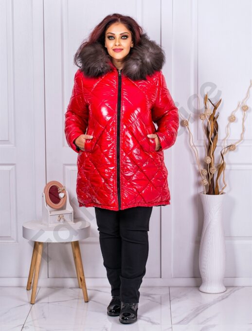 Geaca maxi cu blana naturala din vulpe argintie-rosu cod 22059-2