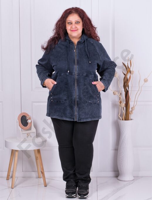 Jacheta maxi din denim cu gluga si decoratie din pietricele-indigo cod 8184-2