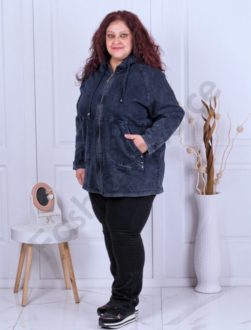 Jacheta maxi din denim cu gluga si decoratie din pietricele-indigo cod 8184-2