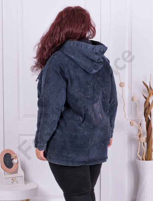 Jacheta maxi din denim cu gluga si decoratie din pietricele-indigo cod 8184-2