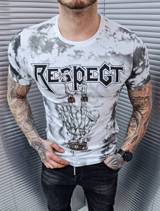 Tricou alb cu inscris Respect si decoratie din pietricele cod 9213