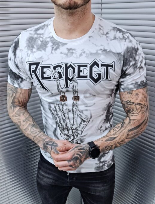 Tricou alb cu inscris Respect si decoratie din pietricele cod 9213