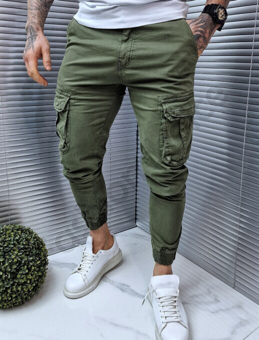 Pantalon jogger cu buzunare cargo in parti-kaki cod 609-1