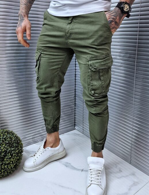 Pantalon jogger cu buzunare cargo in parti-kaki cod 609-1