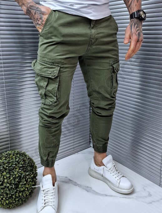 Pantalon jogger cu buzunare cargo in parti-kaki cod 609-1
