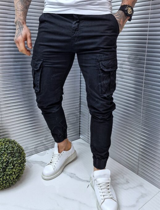 Pantalon jogger cu buzunare cargo in parti-negru cod 609