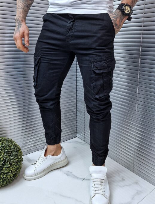 Pantalon jogger cu buzunare cargo in parti-negru cod 609
