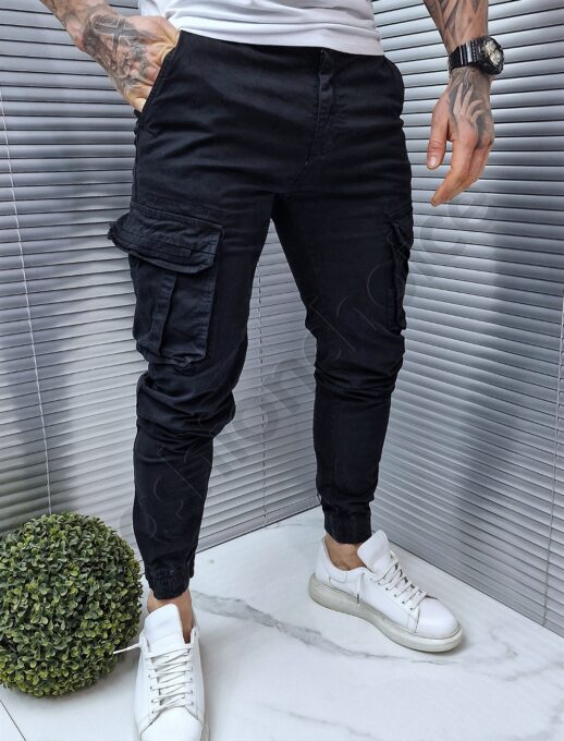 Pantalon jogger cu buzunare cargo in parti-negru cod 609