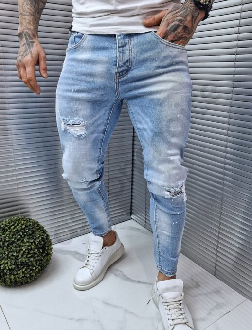 Blugi pentru barbati cu patch-uri si efect stropit-albastru deschis cod 7936