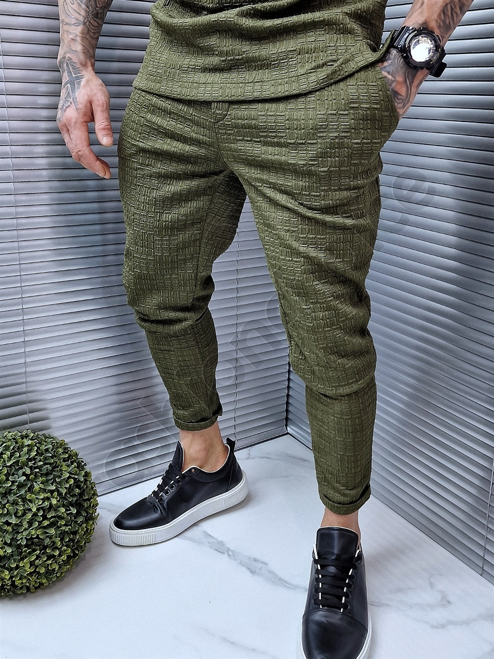 Compleu sport/elegant din material in relief-kaki cod 7104-1