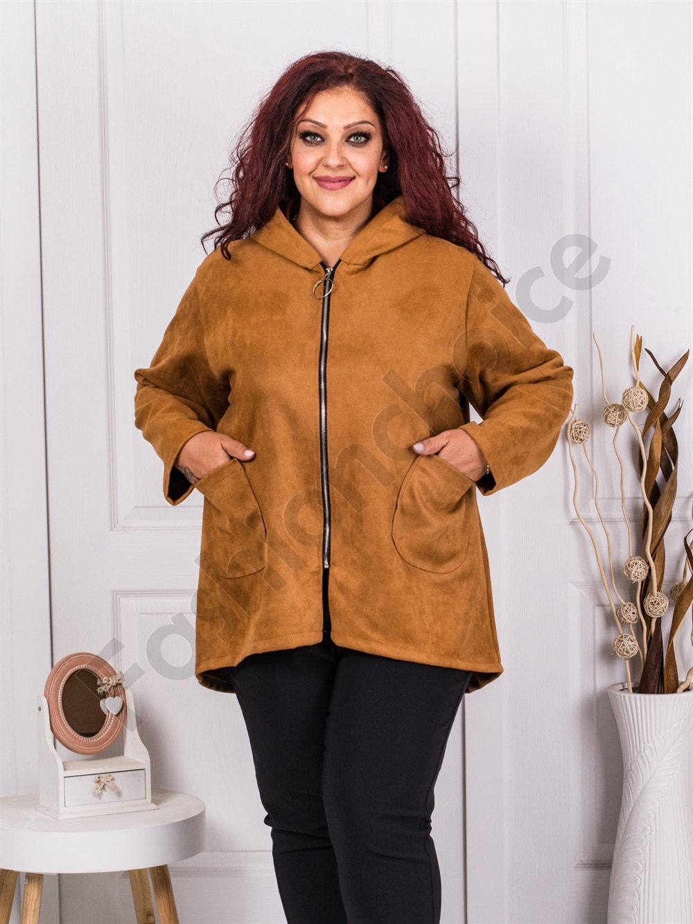 Jacheta maxi din nubuc eco-camel cod 8216-1