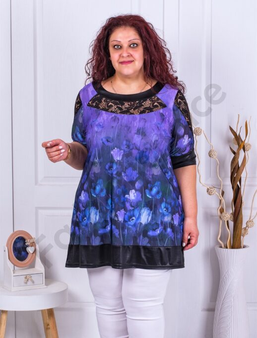 Tunica maxi cu imprimeu maci si accente din dantela-mov cod 231315