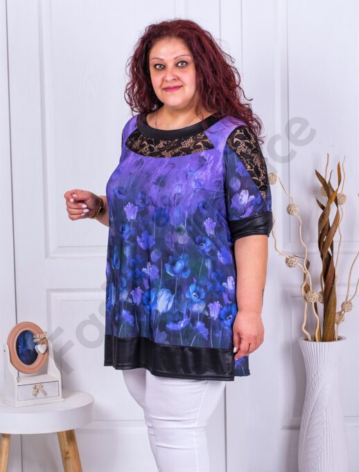 Tunica maxi cu imprimeu maci si accente din dantela-mov cod 231315
