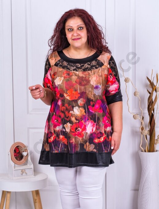 Tunica maxi cu imprimeu maci si accente din dantela-fucsia cod 231315-1
