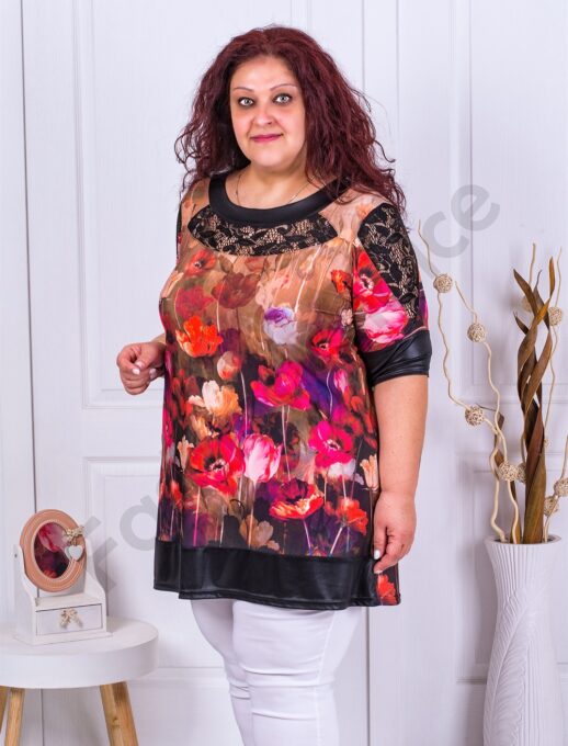 Tunica maxi cu imprimeu maci si accente din dantela-fucsia cod 231315-1