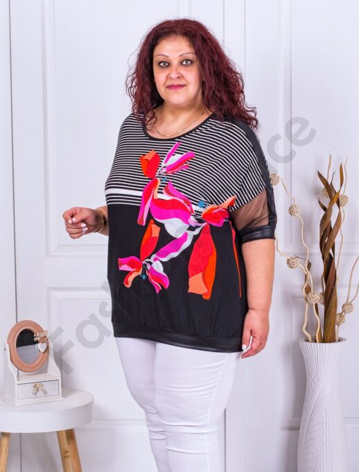 Bluza maxi cu imprimeu floral orhidee si dungi-negru cod 1356-1