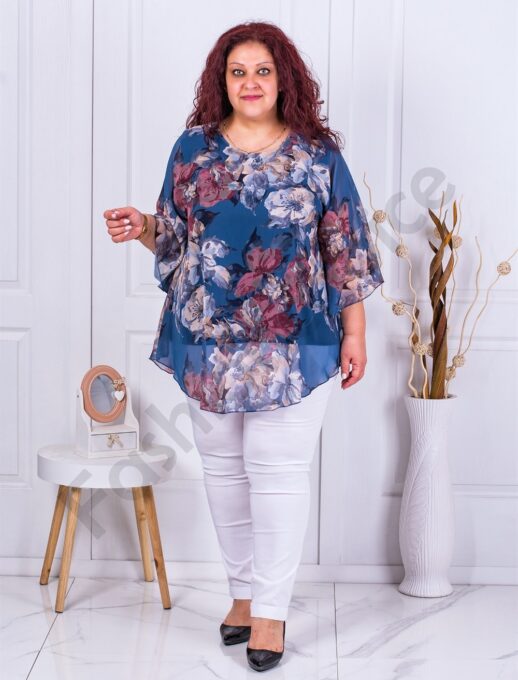 Tunica eleganta maxi din sifon cu imprimeu floral-albastru cod 23222-2