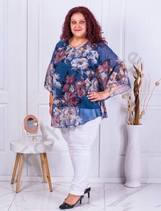 Tunica eleganta maxi din sifon cu imprimeu floral-albastru cod 23222-2
