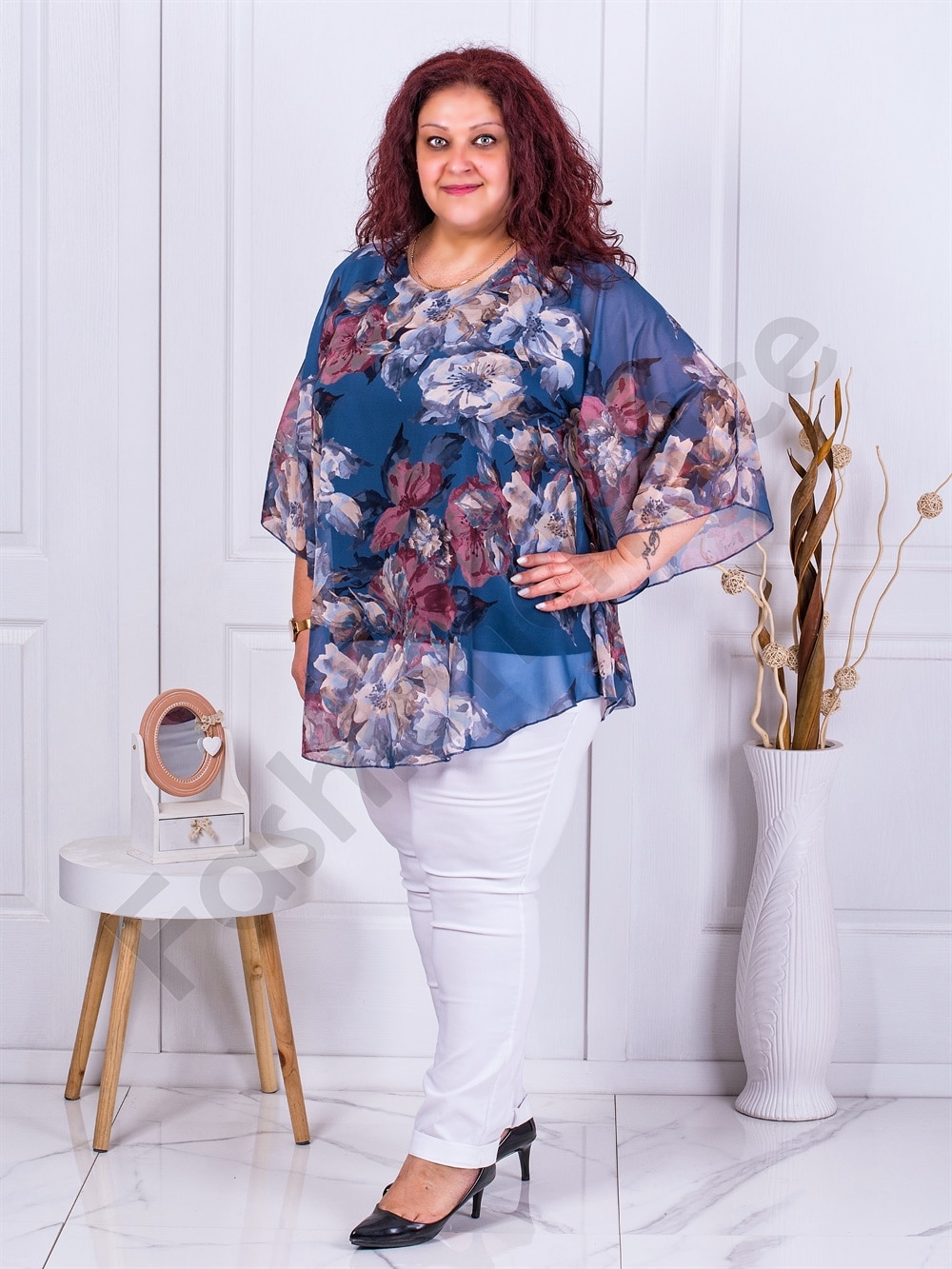 Tunica eleganta maxi din sifon cu imprimeu floral-albastru cod 23222-2