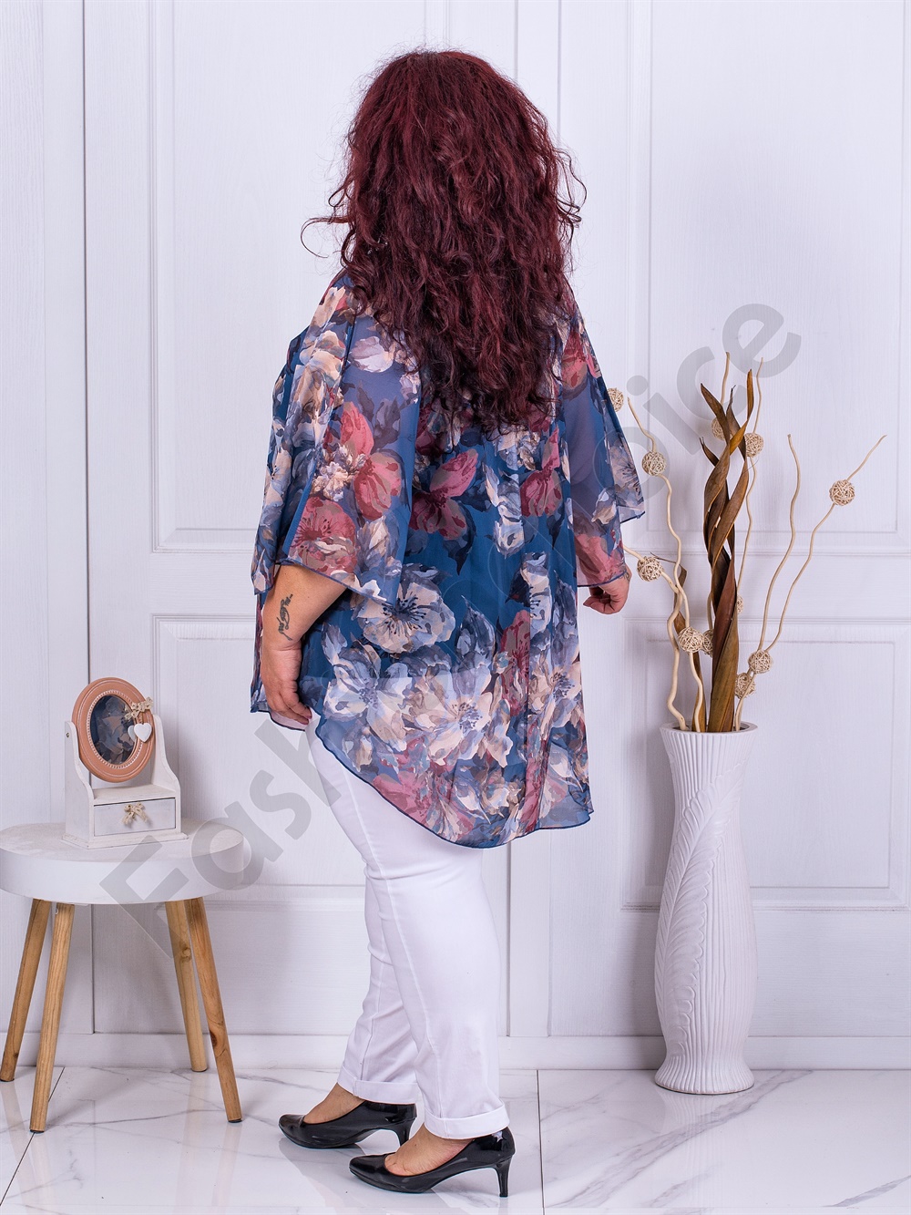 Tunica eleganta maxi din sifon cu imprimeu floral-albastru cod 23222-2