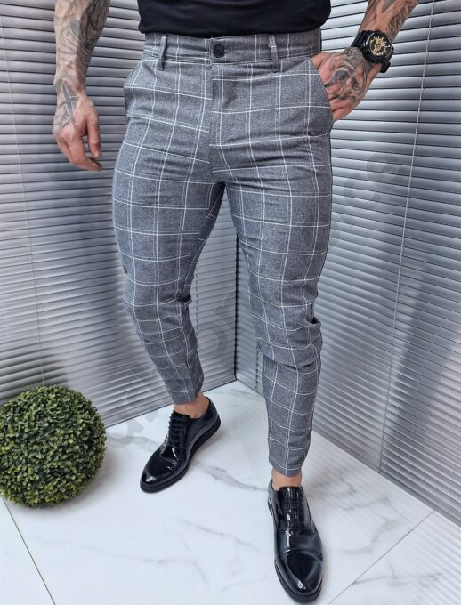 Pantalon elegant in carouri mari-gri inchis cod 2305-2