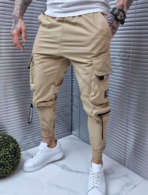 Pantalon sport din fas cu buzunare cargo in parti-bej cod 9760-2