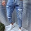 Blugi Skinny Fit cu patch-uri si efect rupt-albastru cod 70077