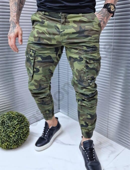 Pantalon jogger cu imprimeu camuflaj-verde cod 528