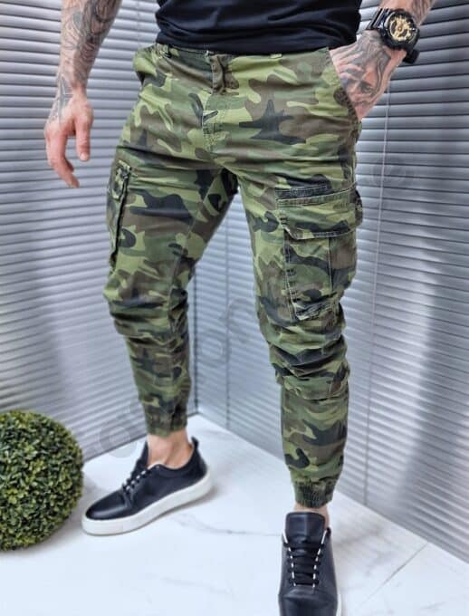 Pantalon jogger cu imprimeu camuflaj-verde cod 528