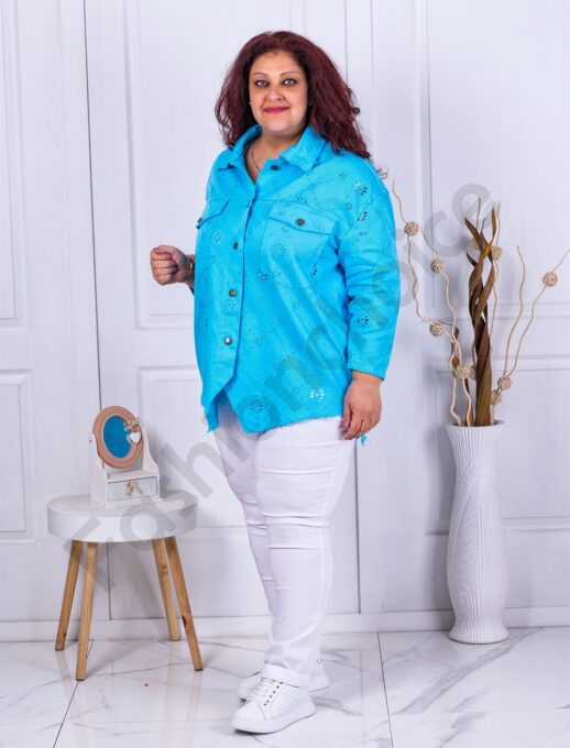 Geaca maxi cu broderie englezeasca-turcoaz cod 10025-3