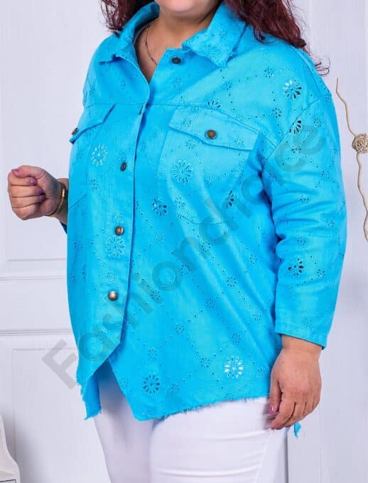 Geaca maxi cu broderie englezeasca-turcoaz cod 10025-3